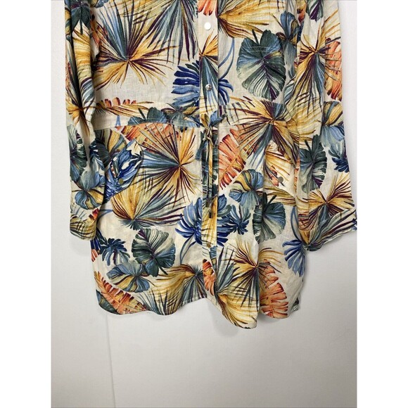 Chico’s Dress Hawaiian Floral Size 3 16/18 Linen Snap Up Pocket Drawstring Slits - Picture 4 of 16